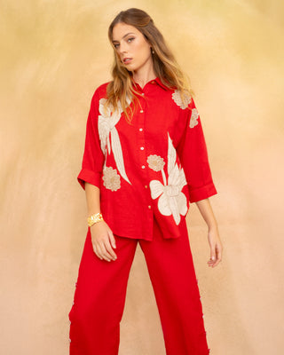 Camisa Lino Flores Bordadas Roja Tulum